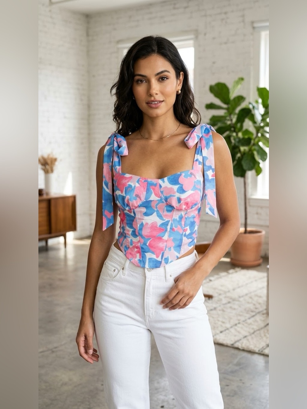 SHEIN Floral Tie-Shoulder Corset Top - Pink & Blue Size XS